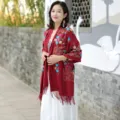 Women's embroidered cashmere winter scarf, elegant red ethnic shawl with fringe details. - Burgundy