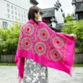 Women's ethnic sunflower embroidered imitation cashmere shawl warm thick tassel winter scarf - Rose Red