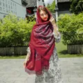 Women winter thick imitation cashmere scarf ethnic embroidered sunflower shawl tassel warm wrap - Wine Red