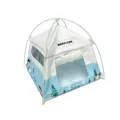 Miniature dollhouse camping tent detail featuring mesh window and metal frame structure. - White