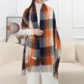 Sciarpa quadri donna con nappe autunno inverno caldo finto cashmere scialle elegante - Arancione a quadretti