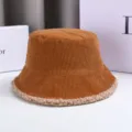 Cappello bucket in velluto a coste invernale con bordo in pelliccia, cappello caldo marrone. - M（56-58cm） / Colore caramello