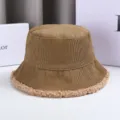 Brown corduroy bucket hat with fuzzy fleece brim winter warm casual fashion hat for women - M (56-58cm) / Camel