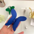 Close-up detail of matte blue butterfly hair claw clip showing exquisite design and aesthetic style. - Klein Blue