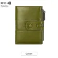 Women's short leather wallet green RFID blocking compact coin purse with double zipper and snap button - Green