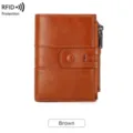 Brown women short wallet with RFID protection, vintage leather dual zipper card coin purse. - Brown