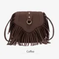 Sac bandouliere a franges marron, sac a epaule style vintage boheme avec quincaillerie metal - Café