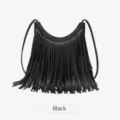 Sac à bandoulière noir à franges pour femme, sacoche rétro élégante avec de longs glands. - Noir