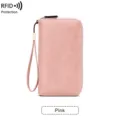 Portefeuille long rose anti-RFID, grande pochette double fermeture éclair avec dragonne. - Rose