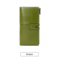 Green women's long wallet, minimalist leather clutch with card slots and double zippers. - Green
