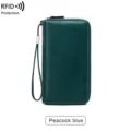 Portefeuille Long RFID Bleu Paon Double Fermeture Éclair en Cuir avec Lanière Poignet - Bleu sarcelle