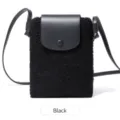 Sac bandoulière noir en peluche pour femme avec rabat en cuir et petite sacoche chic - Noir