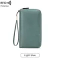 RFID protection long wallet for women double zipper PU leather clutch purse wristlet light blue - Light Blue