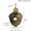 Natural labradorite acorn pendant with zircon and brass loop, size and detail view. - R992463Y7-Labradorite