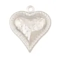 Silver heart DIY charm pendant with embossed floral pattern and beaded edge for jewelry making. - M092732K2-White Gold