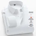 Men's solid color long sleeve dress shirt, high elasticity fleece lined, business casual formal wear. - 38 / Tops / White