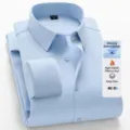 Men's solid color long sleeve thermal fleece dress shirt with easy care fabric for business casual wear. - 38 / Tops / Light Blue