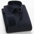 Men's solid color thermal fleece-lined long sleeve business casual dress shirt winter warm - 38 / Tops / Dark Blue