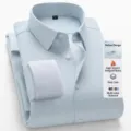 Men's long sleeve thermal plaid shirt, fleece-lined warm business casual button down top - 38 / Tops / Light Blue Gingham