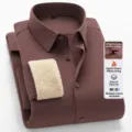 Mens solid color thermal fleece lined long sleeve business dress shirt with button - 38 / Tops / Brown