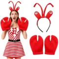 Conjunto de diadema y guantes de pinza de langosta roja para fiesta de Halloween - Conjunto de Tres Piezas de Langosta / Rojo