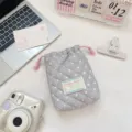 Quilted polka dot drawstring storage bag for instant camera and daily small items cute. - Grey Style (68302) / Faux Cotton Grey Polka Dot