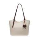 Beige vintage tote bag for women with brown straps and cute furry monster charm SKU variant. - Without Pendant / White