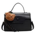 Fashion black top-handle small square bag with cute brown teddy bear plush pendant charm. - With Pendant / Black