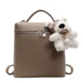 Women khaki leather backpack stylish daily casual daypack with cute bear pendant charm - Khaki