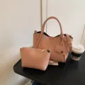 Pink leather bucket bag set, stylish shoulder crossbody handbag with cute elephant charm. - Pink
