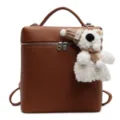 Korean style fashion litchi pattern backpack for women with cute plush bear pendant accessory. - Brown