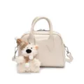 Weisse weiche Leder Bowling Tasche für Damen, lässige Umhängetasche mit süßem Bären Anhänger. - Ohne Anhänger / Weiß