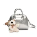 Silver metallic soft leather bowling bag with cute plush bear pendant, casual crossbody. - Silver