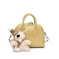 Yellow soft leather bowling bag with cute bear pendant, stylish casual crossbody pillow bag. - Yellow