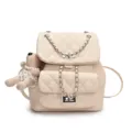 Beige gesteppter Leder-Minirucksack mit Kettengriffern und süßem Bären-Plüschanhänger für Damen. - Mit Anhänger / Weiß