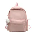 Japanese style pink grid school backpack for women, minimalist daily casual daypack bag. - Single Bag + Charm / Pink