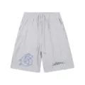 Grey streetwear cotton shorts with elastic drawstring waist and graphic print style. - S / Bottoms / 301 Heather Gray