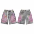 High street washed denim shorts with pink number embroidery and retro paint splatter design. - 38 / Bottoms / Red