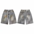 High street washed denim shorts with number embroidery and paint splatter effect for men and women. - 38 / Bottoms / Black