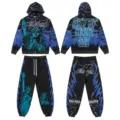 Unisex high streetwear zip hoodie and sweatpants set with blue lightning print style. - S / Top And Bottom / Black Blue