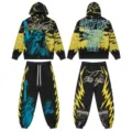 Men's streetwear tracksuit set, black zip hoodie and jogger pants with lightning print. - S / Top And Bottom / Black and Yellow