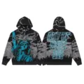 Detailed view of the black zip-up hoodie featuring graphic print and lightning details. - S / Tops / Black and Gray