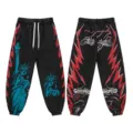 Men women streetwear sweatpants vintage washed black casual trousers with liberty print. - S / Bottoms / Black Red