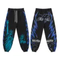 High street streetwear sweatpants with Statue of Liberty and lightning print, black casual pants - S / Bottoms / Black Blue