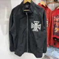 Black stand-up collar jacket with rhinestone and cross print for casual streetwear. - S / Tops / Black
