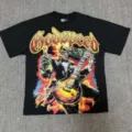T-shirt noir graphique avec impression de crâne et guitare, style streetwear cool unisexe. - S / G899