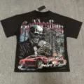 T-shirt noir graphique vintage délavé avec impression de squelette et voiture streetwear. - S / G866 Noir