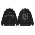 Vintage washed black zip up hoodie with rhinestone gothic letters and front print streetwear - S / G6902 Washed Black