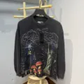 Washed vintage long sleeve t-shirt with rhinestone graphic, casual streetwear for men and women. - G61106 Washed Black