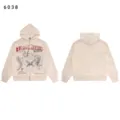 Vintage washed zip-up hoodie with gothic graphic print, casual long sleeve outerwear. - S / Tops / Apricot